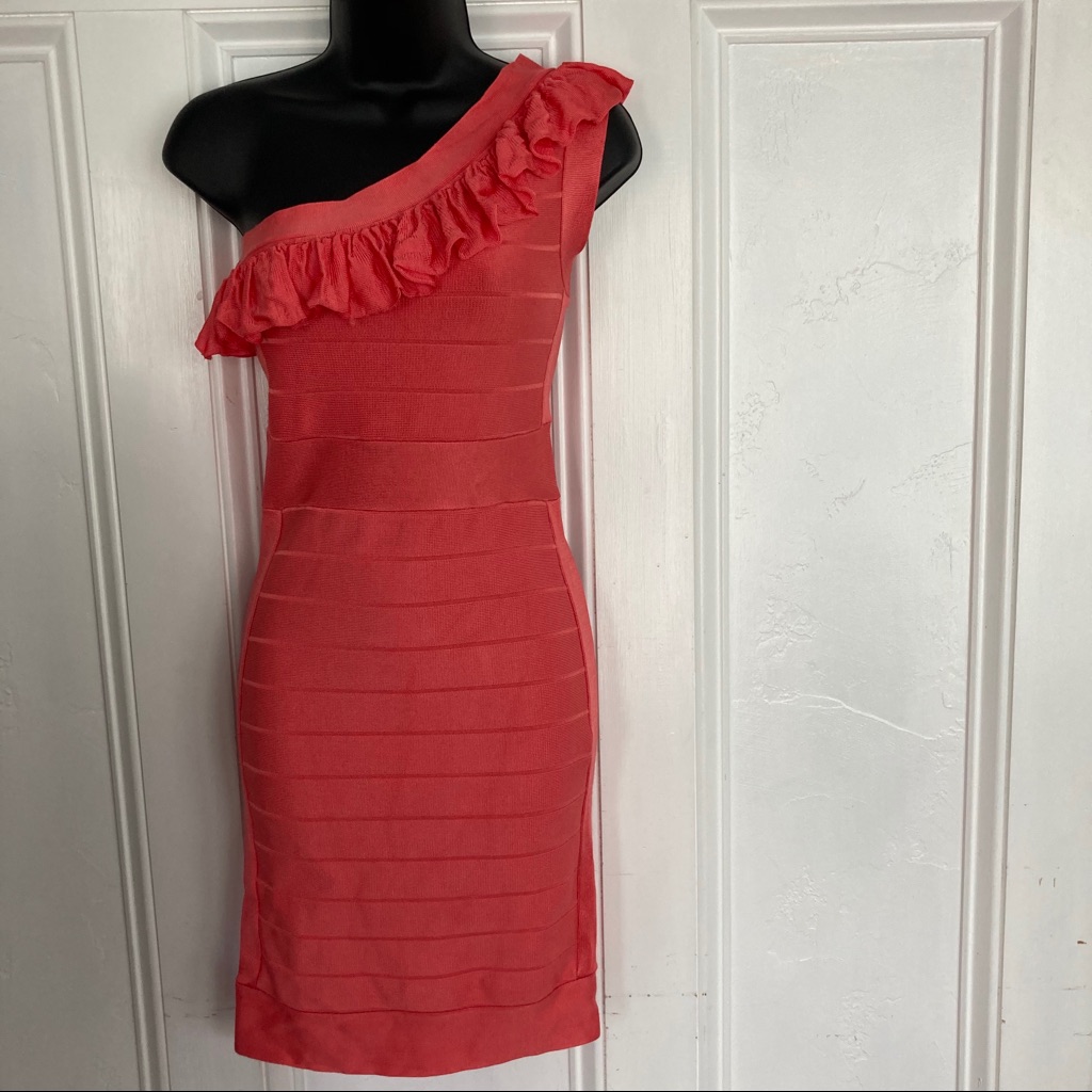 Coral French Connection Bandage Dress One Shoulder